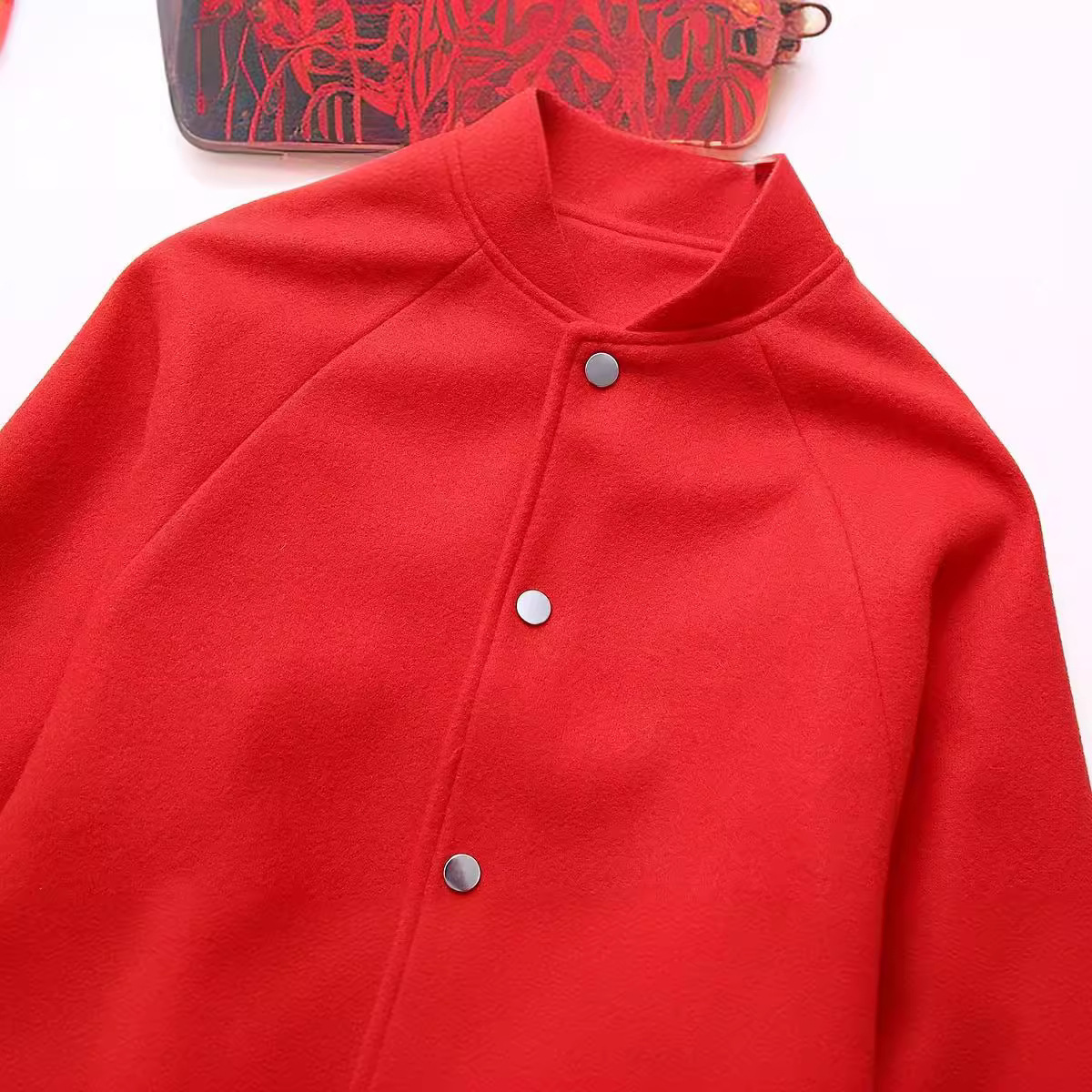 Red Stand-up Collar Fashion Casual Woolen Baseball Uniform Jacket - Image 8
