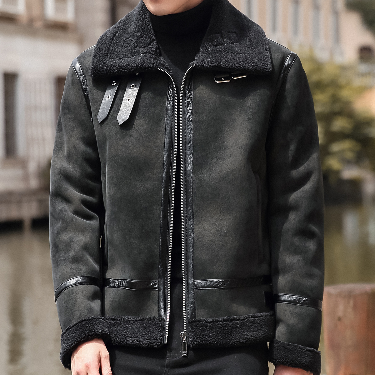 Youth Biker's Leather Jacket Lamb Wool Coat - Image 3