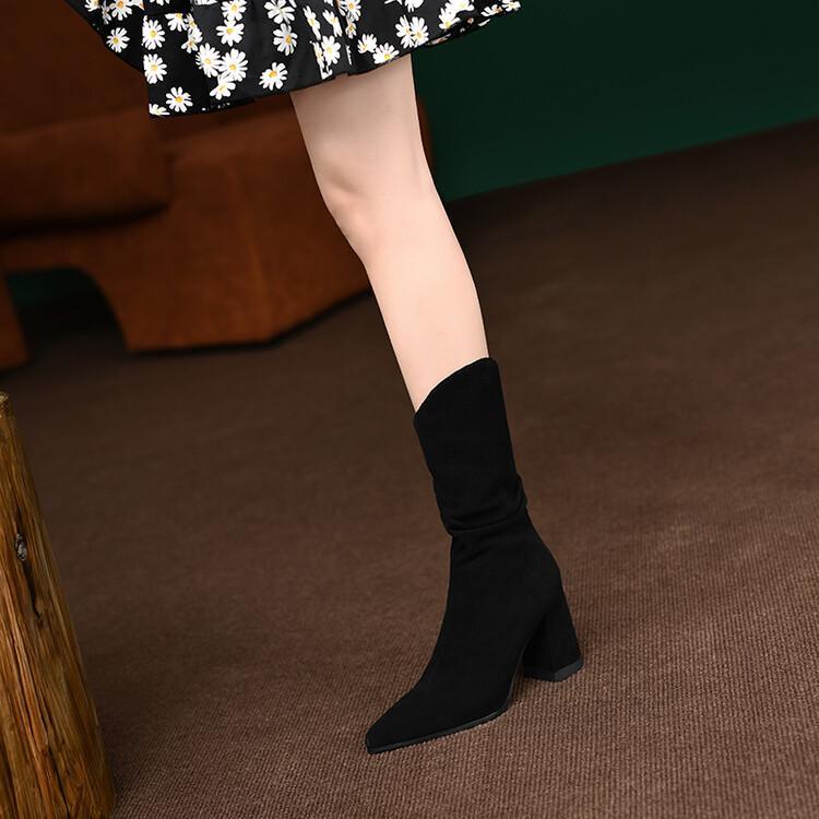 Women's Korean Style Thick Heel Pointed Toe Nubuck Leather Folded Mid-tube Ankle Boots - Image 6