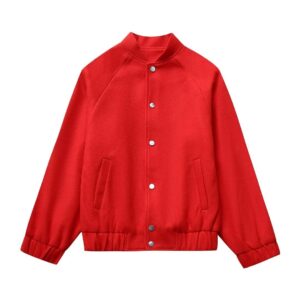 Red Stand-up Collar Fashion Casual Woolen Baseball Uniform Jacket
