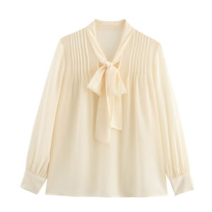Long Sleeve Thin Top V-neck Apricot Bow Design