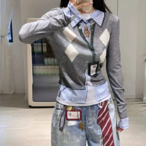 Diamond Patterned Long Sleeve Blouse For Women