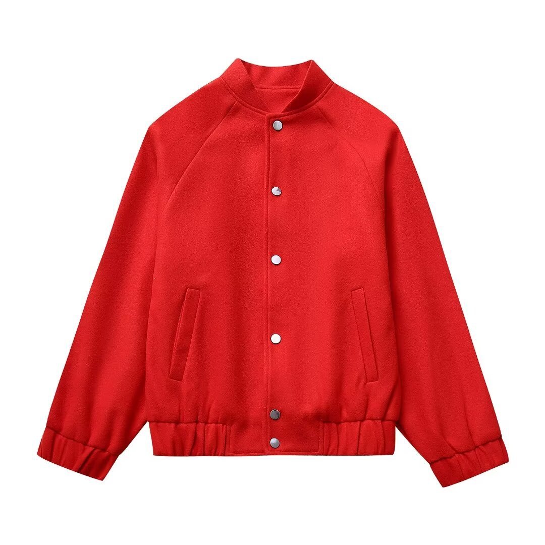 Red Stand-up Collar Fashion Casual Woolen Baseball Uniform Jacket - Image 2
