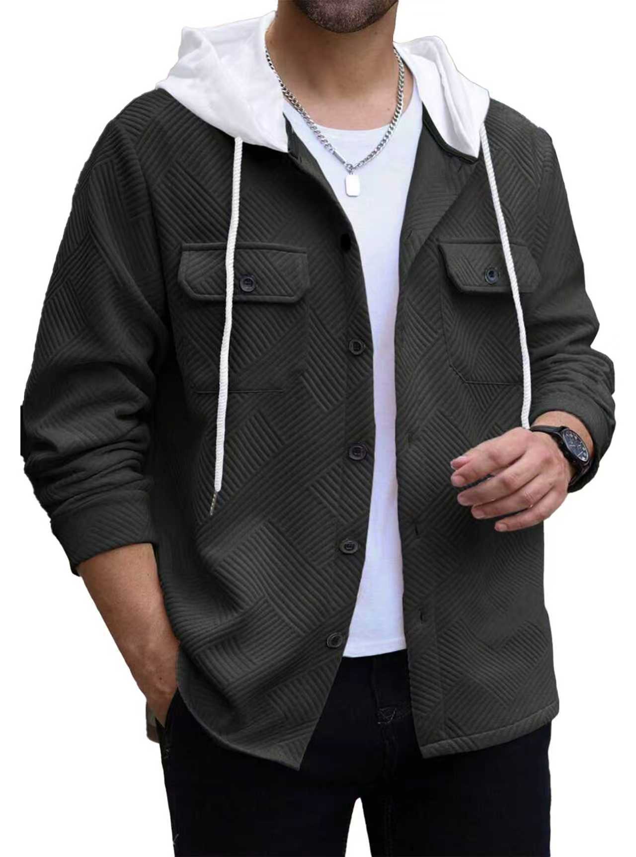 Men's Casual Sporty Color-block Hooded Button-up Jacquard Pocket Jacket - Image 5