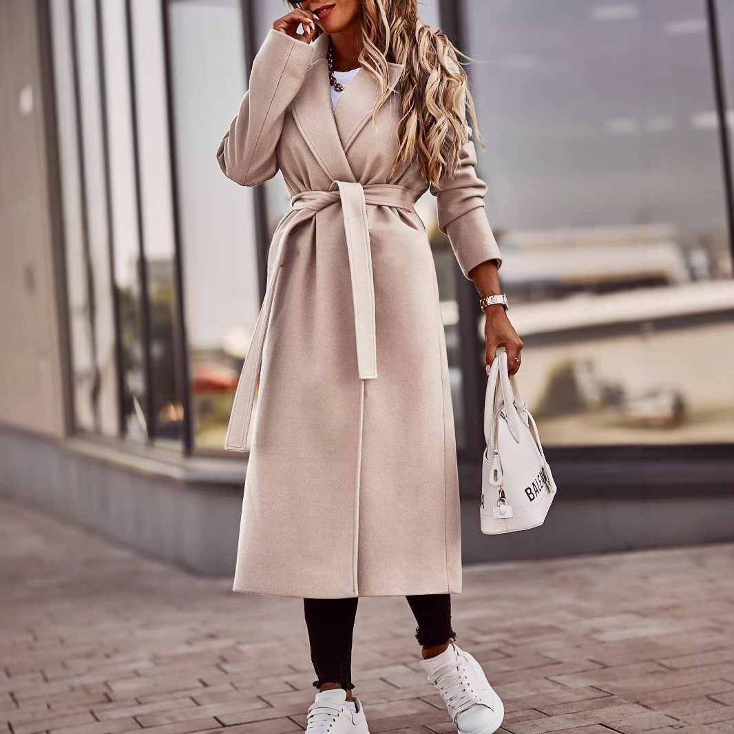 Autumn And Winter Simplicity Long Sleeve V-neck Lace Up Woolen Coat Top Women - Image 7