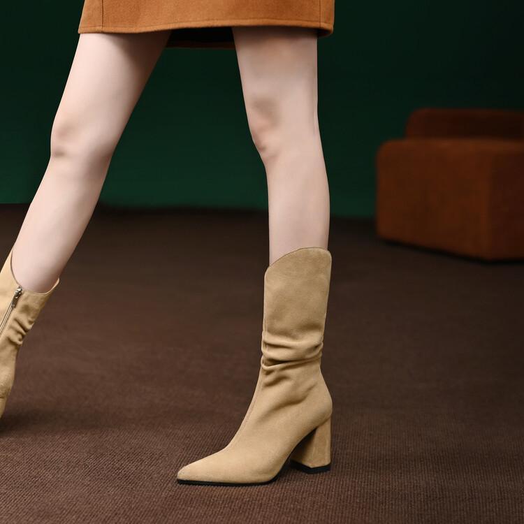 Women's Korean Style Thick Heel Pointed Toe Nubuck Leather Folded Mid-tube Ankle Boots - Image 4