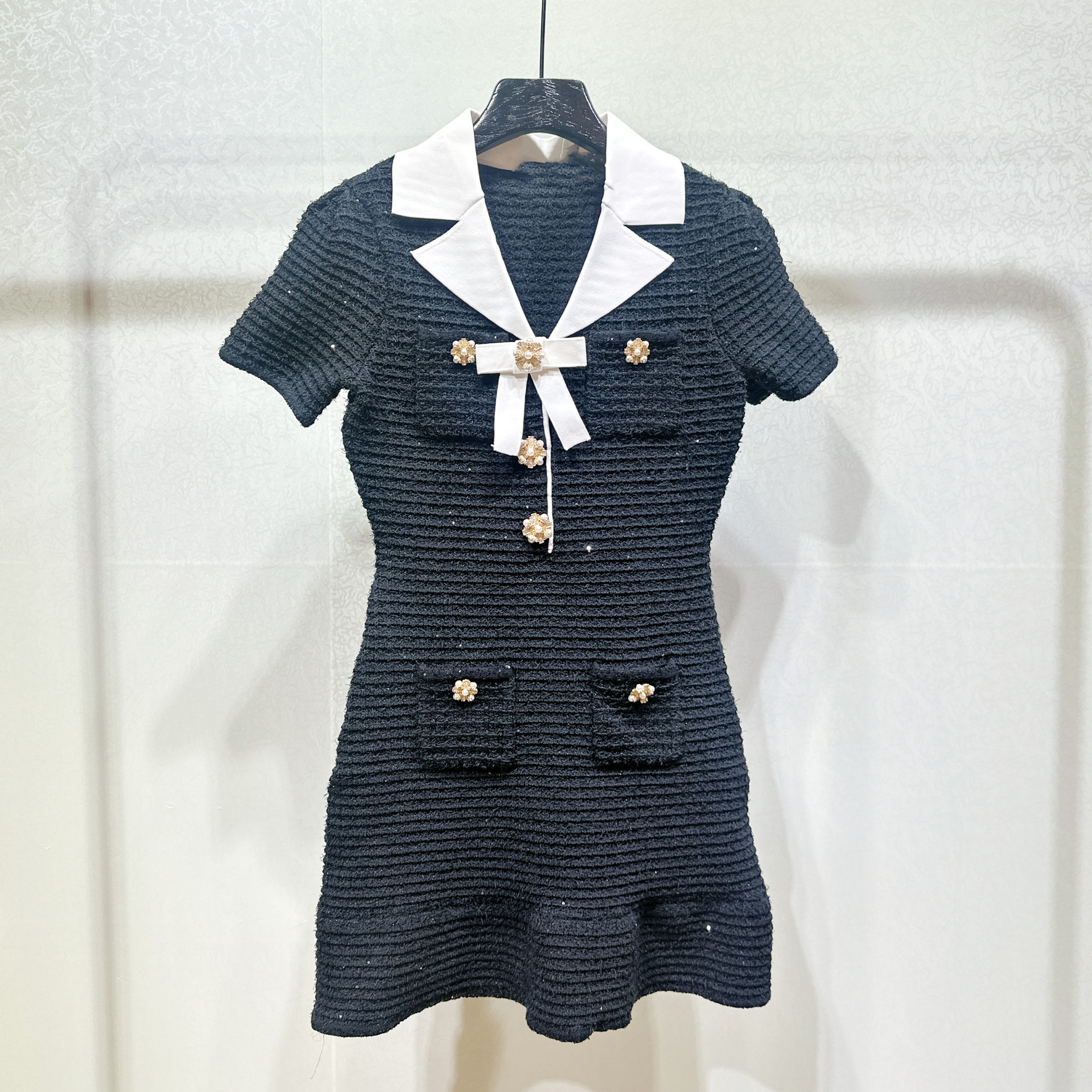 Black And White V-neck Patchwork Diamond Decorations Button Bow Knitted Sheath Dress - Image 6