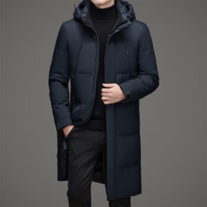 New Thick Warm White Duck Down Detachable Hat Men's Mid-length Down Jacket