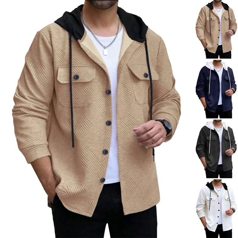 Men's Casual Sporty Color-block Hooded Button-up Jacquard Pocket Jacket - Image 2
