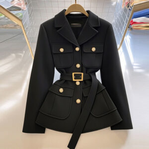 Women's Black Suit Waist Trimming Coat Short
