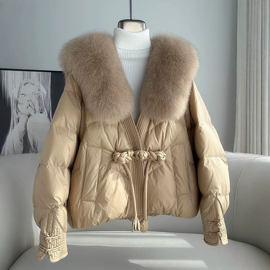 Polyester Women's Loose Thick Cotton Coat With Fur Collar