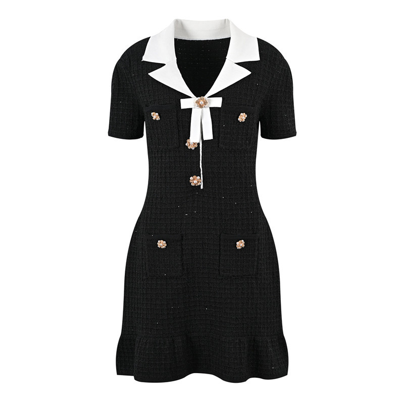 Black And White V-neck Patchwork Diamond Decorations Button Bow Knitted Sheath Dress - Image 9