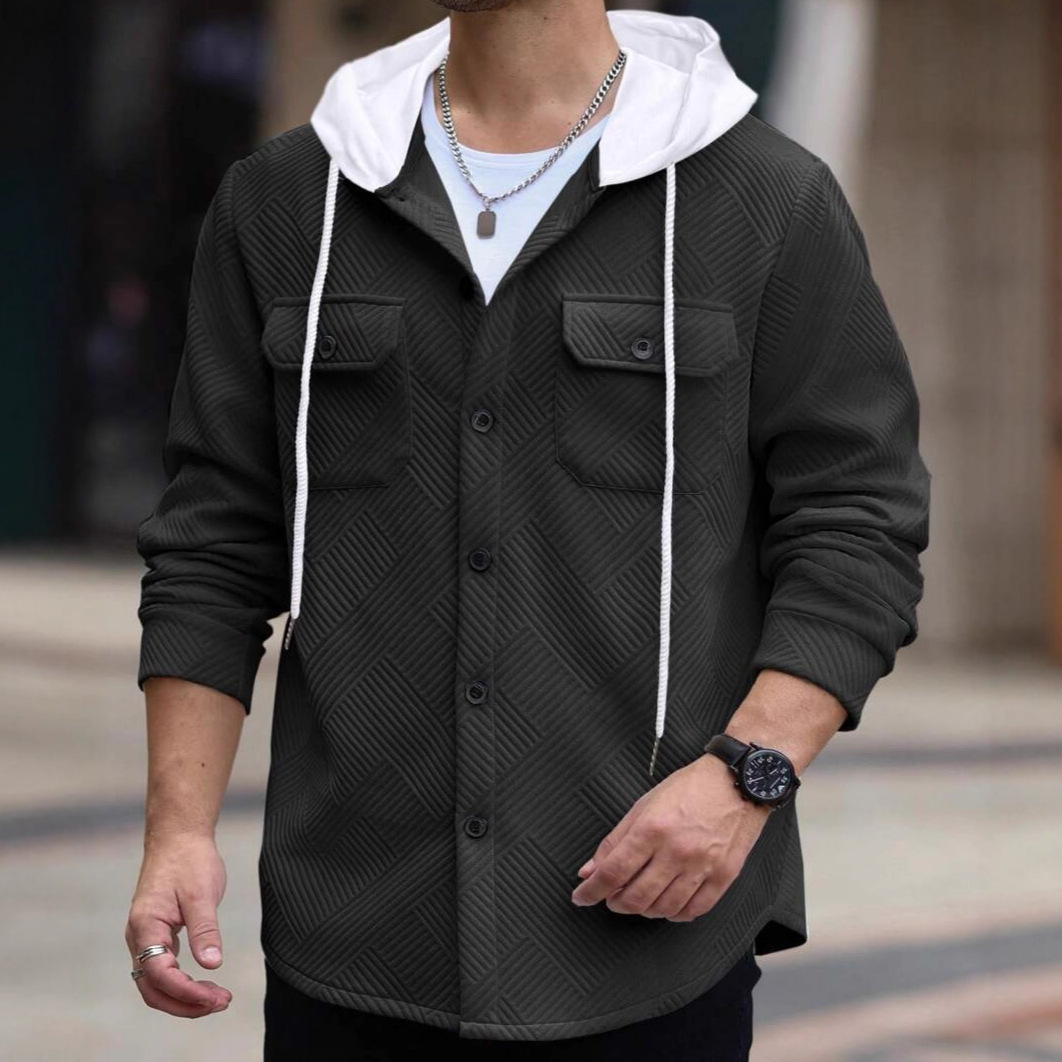 Men's Casual Sporty Color-block Hooded Button-up Jacquard Pocket Jacket