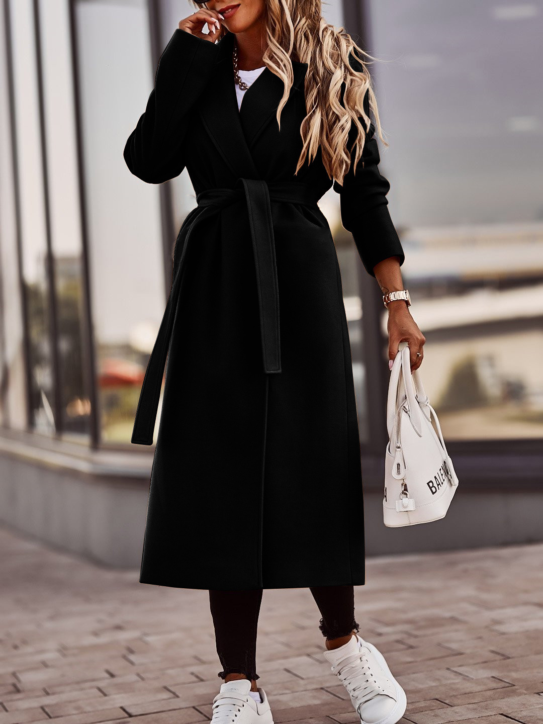 Autumn And Winter Simplicity Long Sleeve V-neck Lace Up Woolen Coat Top Women - Image 8
