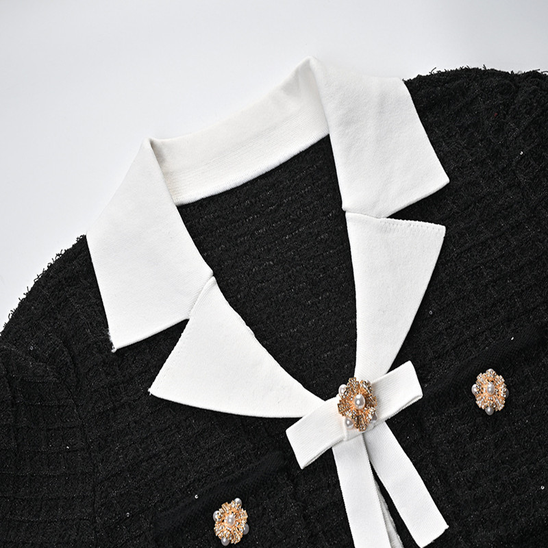 Black And White V-neck Patchwork Diamond Decorations Button Bow Knitted Sheath Dress - Image 3