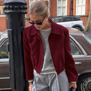 Retro Burgundy Wool Women's Short Casual Lapel Jacket