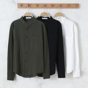Solid Color Men's Long Sleeve Round Neck Casual Loose Linen Shirt