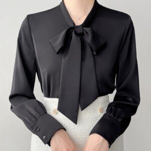 High-grade Satin Professional Commute Bow Shirt With Ribbon Women
