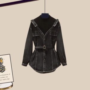 Women's Fashion Waist-Cinching Fake Two-Piece Long Sleeve Denim Jacket