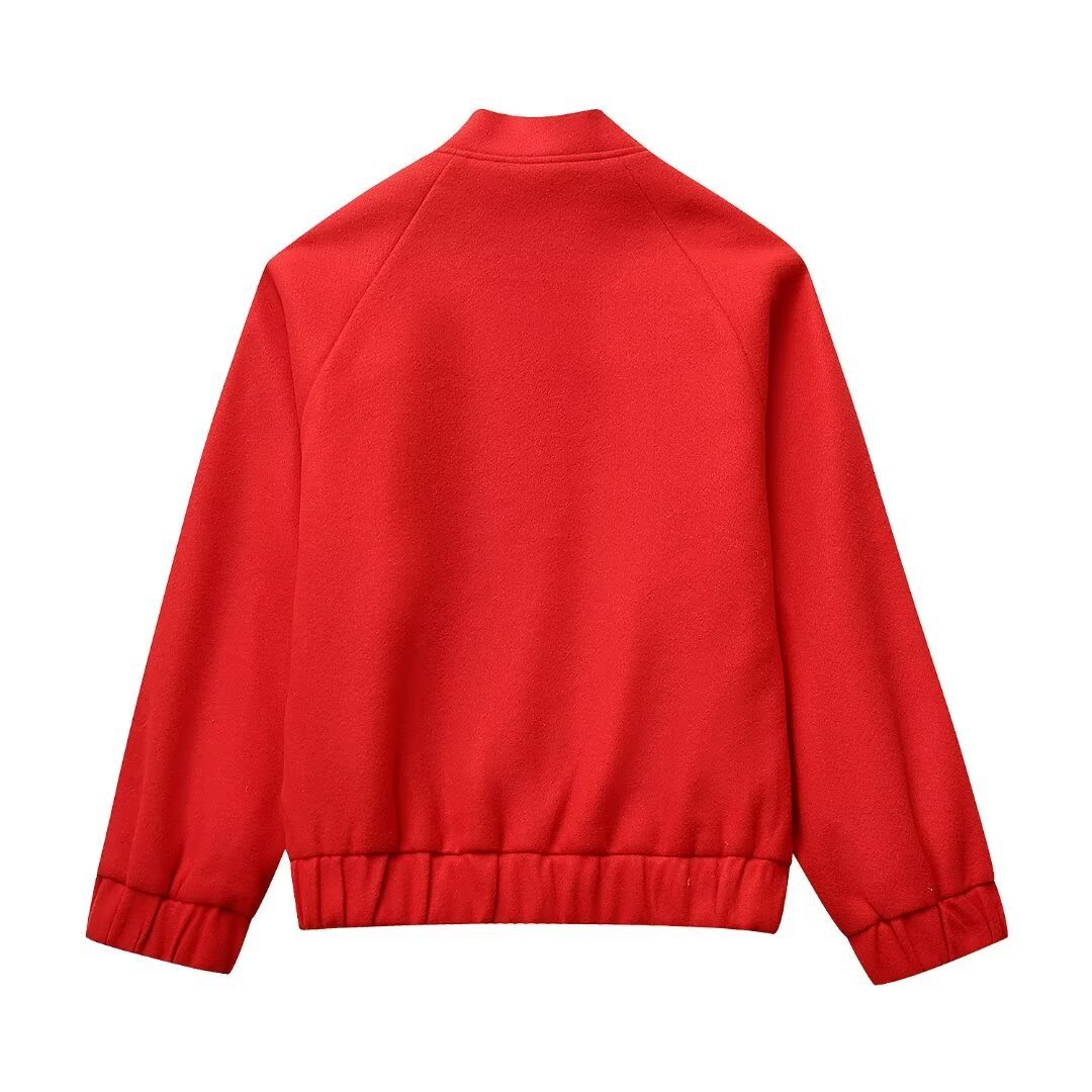 Red Stand-up Collar Fashion Casual Woolen Baseball Uniform Jacket - Image 6