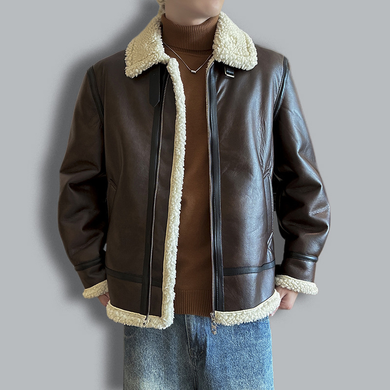 Men's Leather Fashion Casual Polo Collar Padded Jacket - Image 3