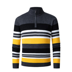 Casual Men's Long-sleeve Half-turtleneck Zip-up Versatile Striped Sweater