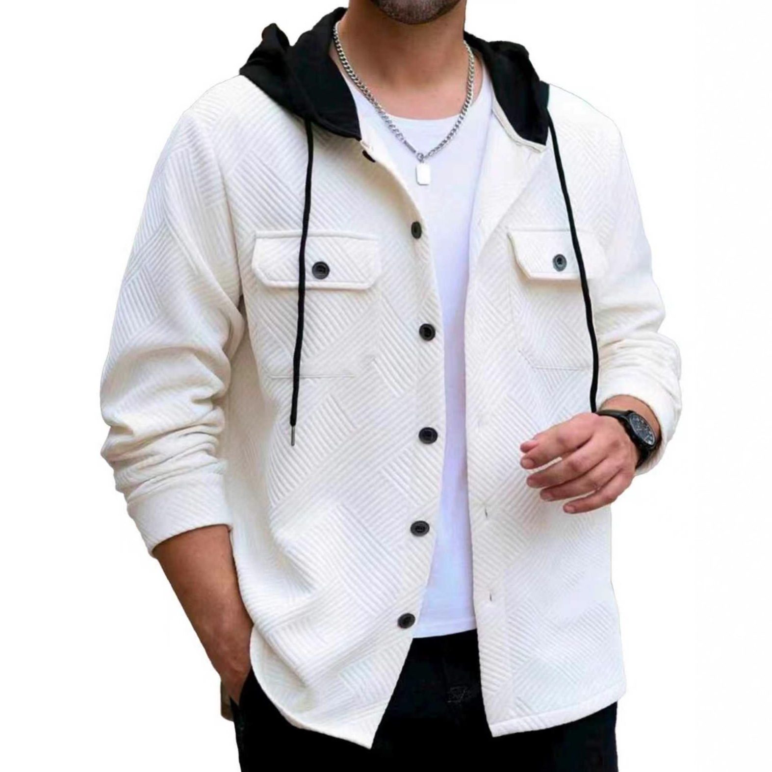 Men's Casual Sporty Color-block Hooded Button-up Jacquard Pocket Jacket - Image 7