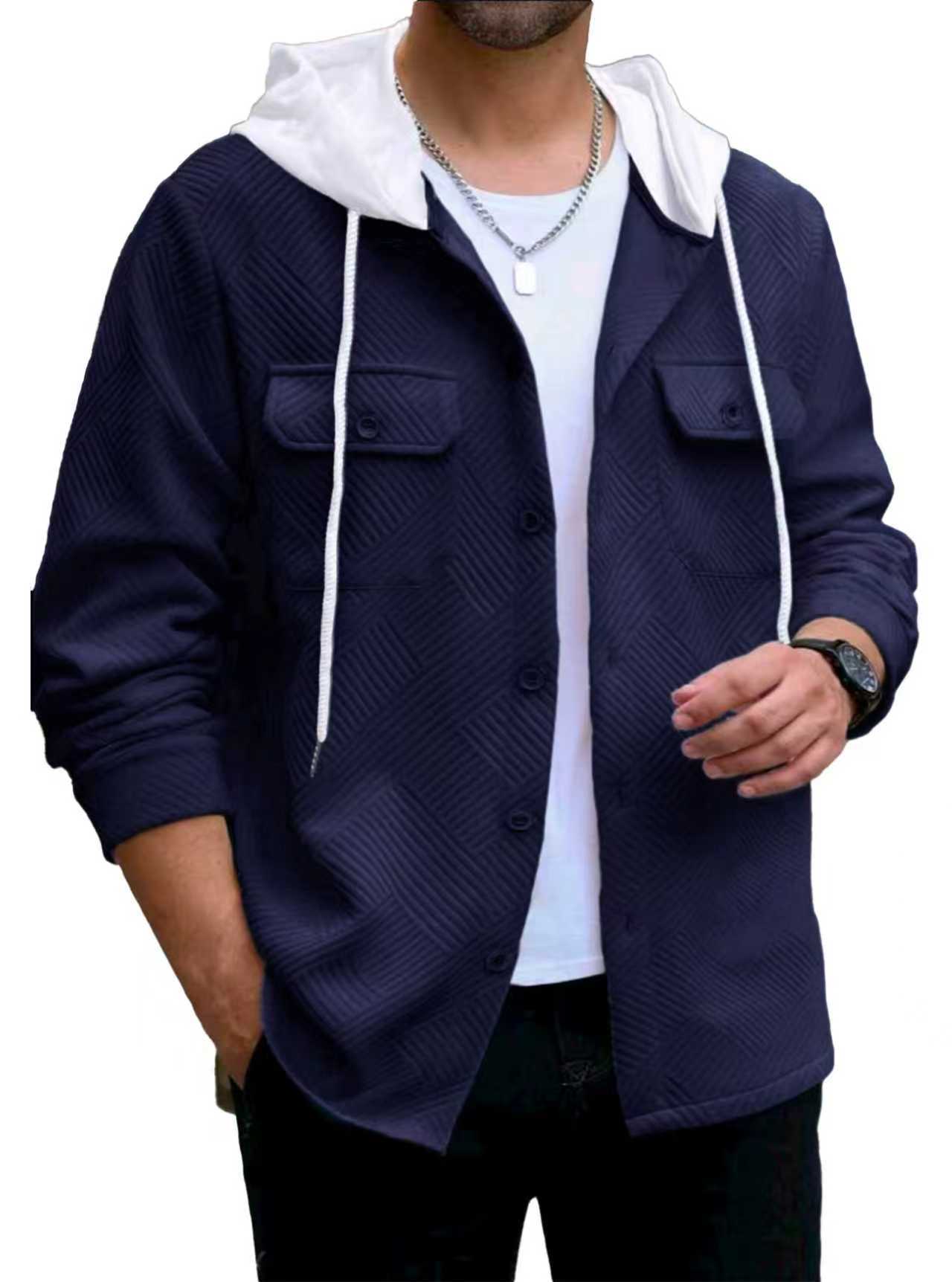 Men's Casual Sporty Color-block Hooded Button-up Jacquard Pocket Jacket - Image 3