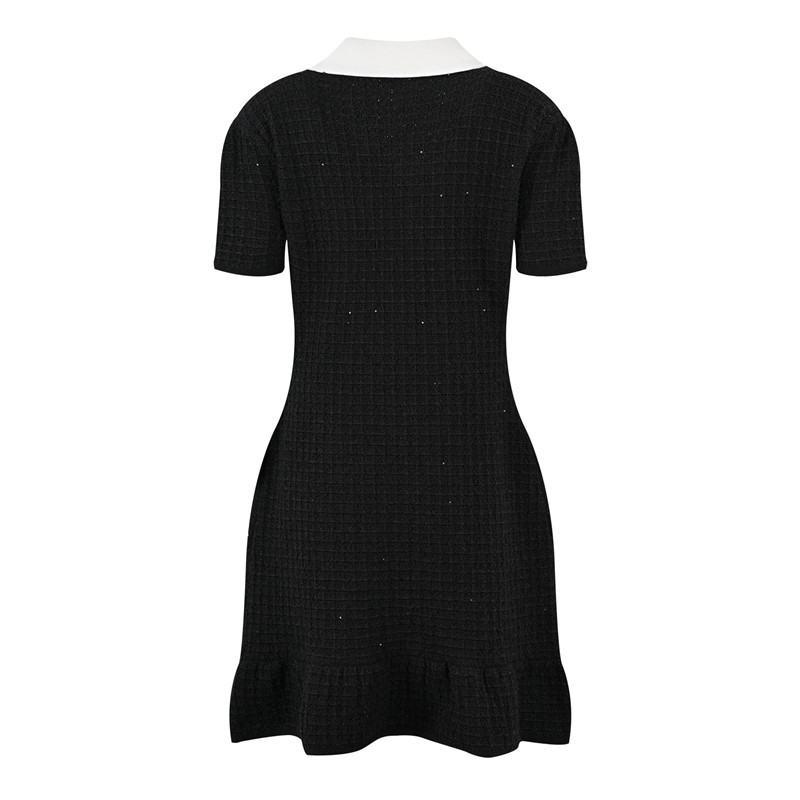 Black And White V-neck Patchwork Diamond Decorations Button Bow Knitted Sheath Dress - Image 5