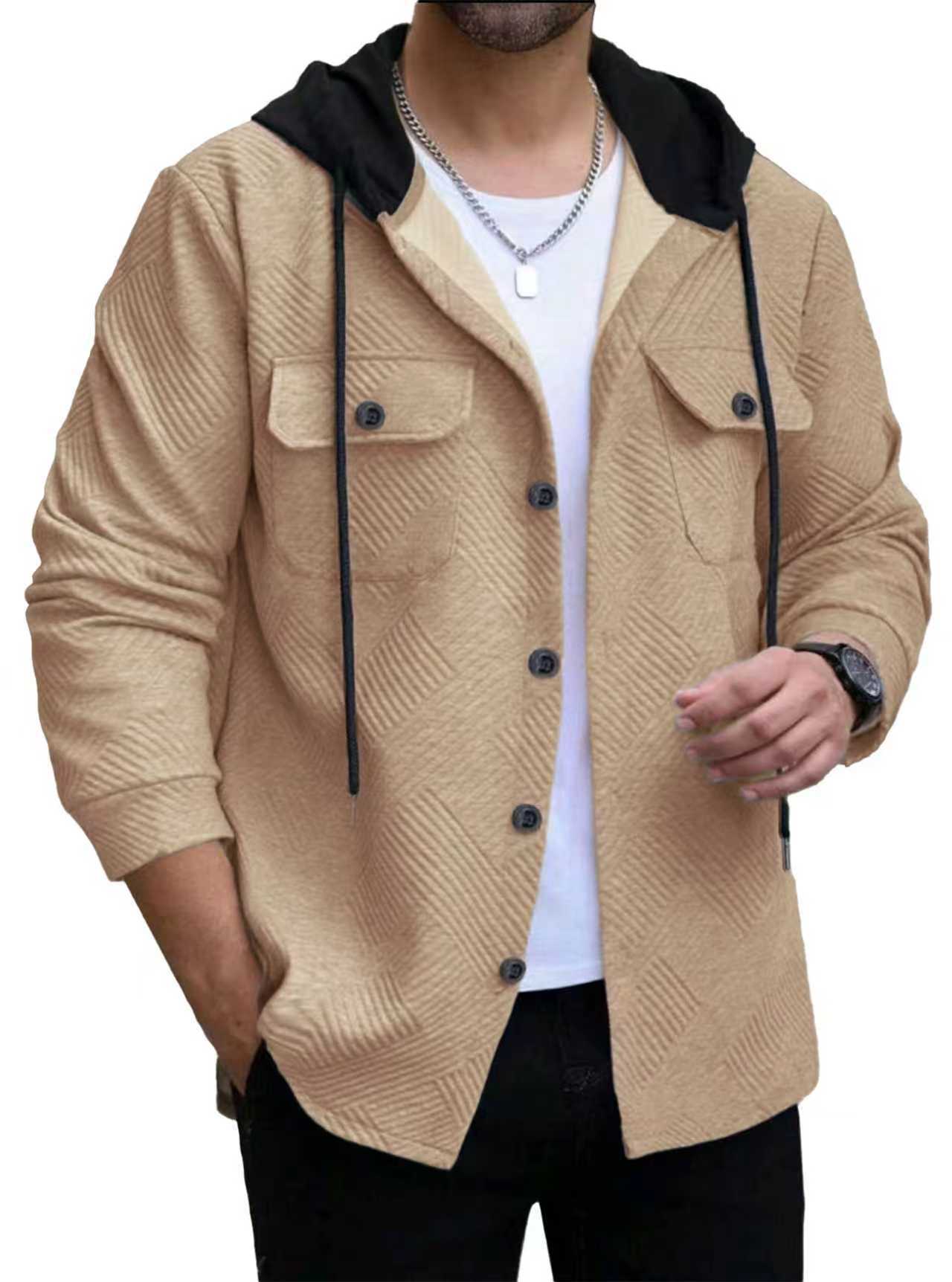 Men's Casual Sporty Color-block Hooded Button-up Jacquard Pocket Jacket - Image 6