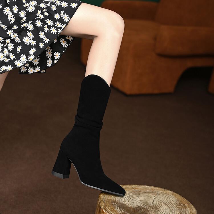 Women's Korean Style Thick Heel Pointed Toe Nubuck Leather Folded Mid-tube Ankle Boots - Image 3