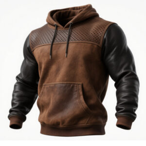 Men's Retro Brown Leather Decorative Perforated Hooded Casual Sweatshirt