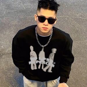 Men's Ins Design Character Print Casual Loose Cotton Base Shirt